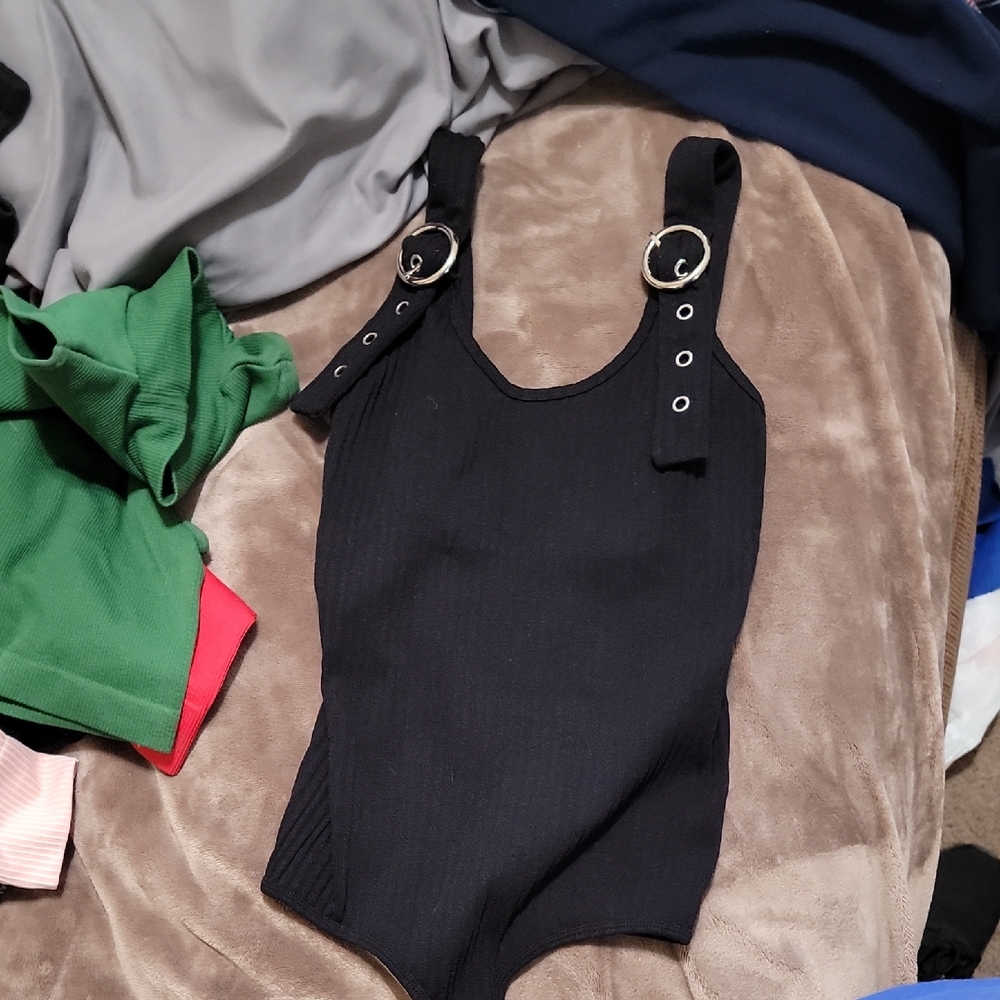 Black Bodysuit with Metallic Ring Accents